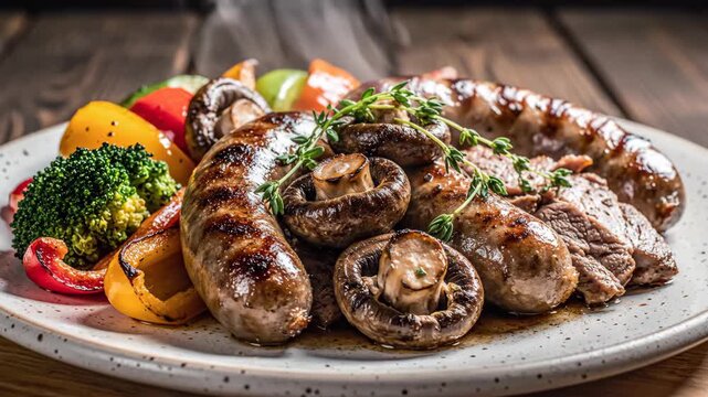 Grilled Sausage and Vegetables Platter - A close-up studio shot showcases a delicious platter of grilled sausages, sliced beef, and button mushrooms, garnished with fresh thyme sprigs.
