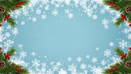 Winter holiday frame with green pine branches red berries pinecones and falling snowflakes on teal background