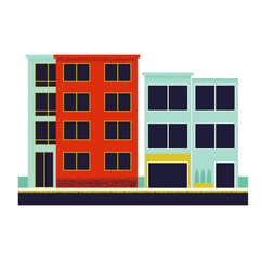 Vibrant city street scene featuring modern apartment buildings with colorful facades and dark windows, perfect for urban development concepts and neighborhood visuals.