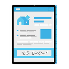 Modern tablet displaying real estate listing details with house icon, signature, and descriptive text for property search and online browsing convenience