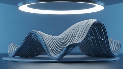 Abstract 3D Rendering of Wavy Metal Structure with Light Ring Above Isolated Design Element