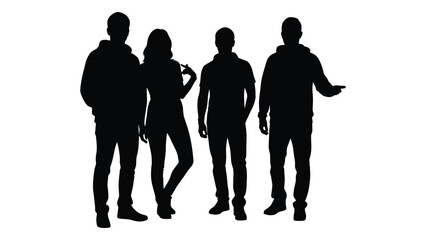 Four people standing together in a dark stark composition presented as a silhouette