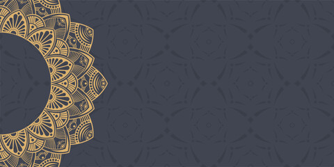 Horizontal mandala banner. Decorative golden color flower mandala background with place for text. Color abstract graphics. Arabic or islamic east style. Vector color illustration.