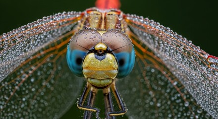 Extreme close up of a dragonfly s intricate compound eyes and dew covered wings