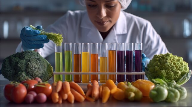 A scientist wearing gloves and a lab coat examines juice extract samples from various vegetables. Fresh vegetables such as broccoli carrots and tomatoes surround the testing area.