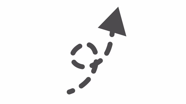 Animated dashed curved arrow pointing direction in transparent background. Navigation line art in a cartoon animation. Minimalist progress performance symbol.