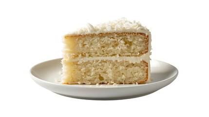 Layered Vanilla Cake with Coconut Topping on White Plate | png