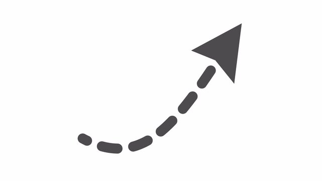 Animated dashed curved arrow pointing direction in transparent background. Navigation line art in a cartoon animation. Minimalist progress performance symbol.