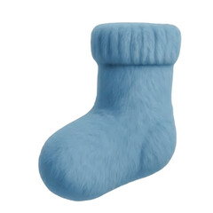 a fluffy light blue sock with a ribbed cuff and a rounded toe digitally rendered on transparent background