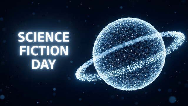 Science Fiction Day celebration banner with futuristic planet design | Digital plexus globe and rings on dark space background | Abstract cosmic technology network concept banner | Wireframe planet da - Powered by Adobe