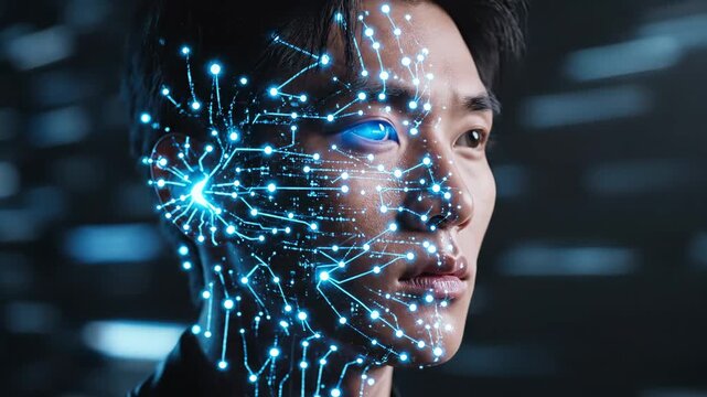 Asian Man with AI Interface - This video features a close-up profile view of an Asian man, his face overlaid with glowing blue circuitry patterns.
