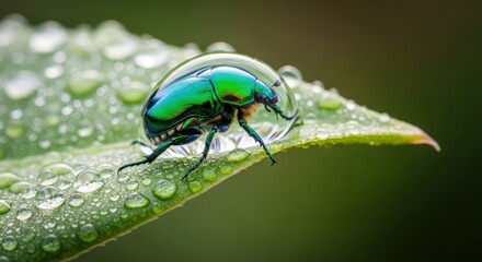Naklejka premium Vibrant emerald beetle perched on a dew kissed leaf in macro detail