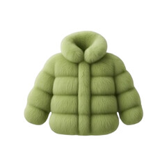 a realistic rendering of a fluffy light green puffer jacket with a fur collar on transparent background