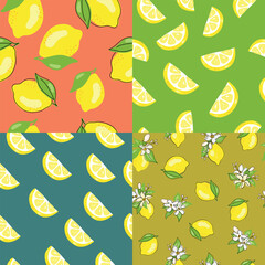 A collection of seamless lemon patterns. A set of citrus fruits in a minimalist style.