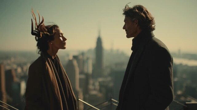 Realistic High-Quality Close-Up Video of a Woman and a Man Standing on a Skyscraper Observation Deck in the Wind, Hair and Clothing in Motion, Urban Height, Emotional Cinematic Atmosphere
