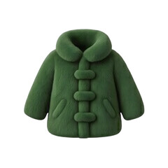 a detailed fluffy dark green jacket with a buttoned front and a large collar on transparent background