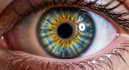 Extreme close up of a vibrant blue and green human eye with golden iris details