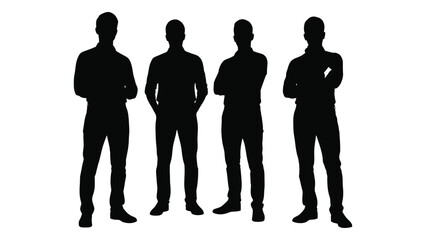 Four men standing with arms crossed in a stark black and white silhouette