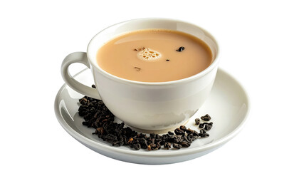 Oolong Milk Tea In A White Cup And Saucer With Scattered Tea Leaves Balanced Lighting Isolated Transparent Background