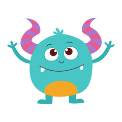 Cute blue monster. Cartoon character. Flat vector illustration for kids. Isolated on white background.
