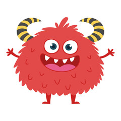 Cute red furry monster. Cartoon character flat vector illustration. Isolated on white background.