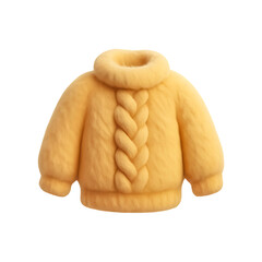 a fluffy textured yellow knit sweater with a braided pattern and a cozy collar on transparent background