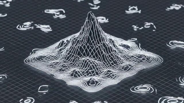3D wireframe mountain landscape with contour lines on dark background, futuristic terrain visualization.