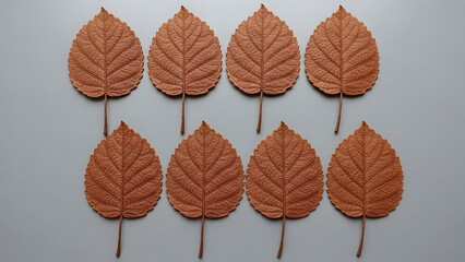 Obraz premium Nine dried brown maple leaves arranged in two rows on a light gray background dried leaves autumn leaves