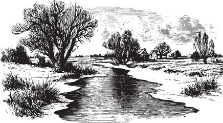 Willow trees beside a river in black and white engraving style. Scenic vector illustration showcasing nature's beauty in fine detail.