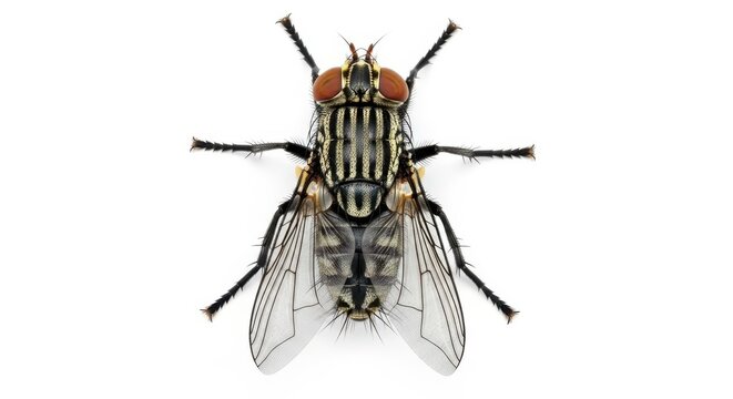 Detailed top view of a common housefly with striking red eyes and striped thorax