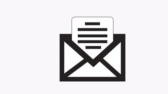 Simple black and white envelope with a document. Suitable for business, communication, correspondence, mail, office, paperwork, organization, and administrative concepts.