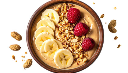 Peanut Butter Banana Smoothie Bowl Topped With Raspberries and Granola Isolated Transparent Background