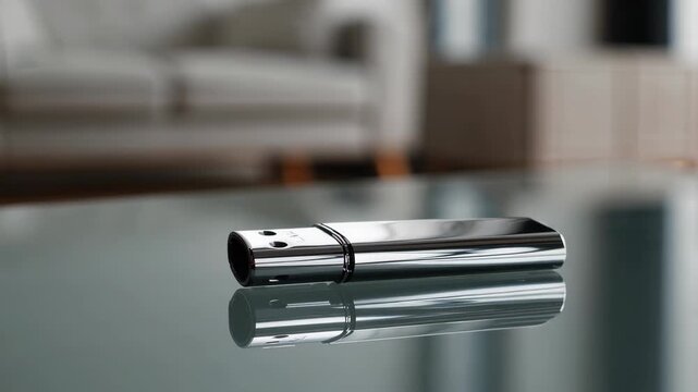 Sleek metal usb flash drive lying on reflective glass table in modern office, data storage and technology security