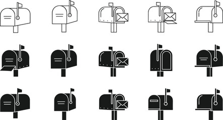 Mailbox icon set with open closed envelopes, black outline solid vector symbols isolated white background postal design mail delivery collection