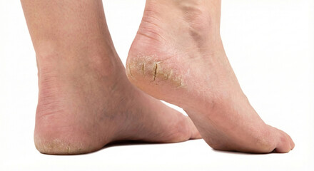 close up image of fair skinned female heels with moderate cracks on pure white background showing deeper dryness visible fissures and clear roughness for dermatology visuals
