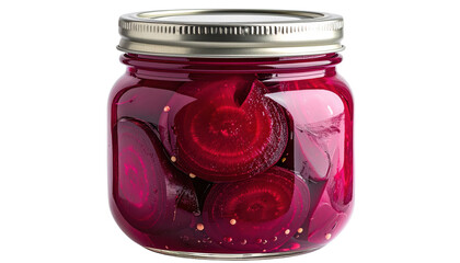 Pickled Beet Slices Preserved In Liquid Inside A Glass Jar With Metal Lid Isolated Transparent Background