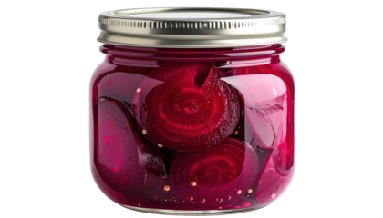 Pickled Beet Slices Preserved In Liquid Inside A Glass Jar With Metal Lid Isolated Transparent Background