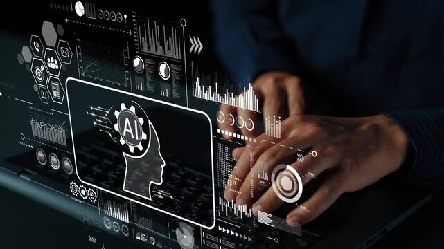 Hands Typing on Laptop with AI Visualization, Digital Interface, Innovation in Technology and Future Concepts. Asymptotic smart data analytic.