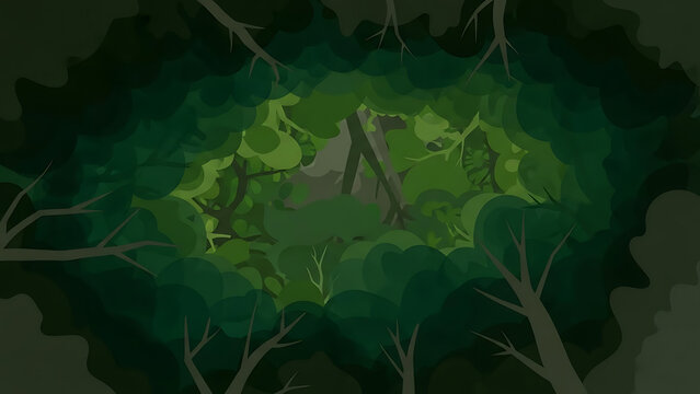 Dense forest with trees and foliage in various shades of green showing nature woodland leafy