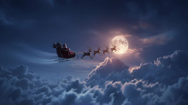 Santa travels through the night sky in a sleigh pulled by reindeer. The moon shines brightly as clouds surround them. This moment captures holiday magic during Christmas.