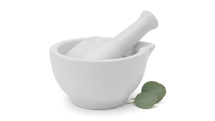 Ceramic mortar with white powder and pestle