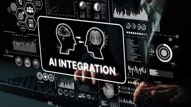 AI Integration Concept Represented by Human Silhouette and Data Visualization in Modern Workspace. Asymptotic smart data analytic.