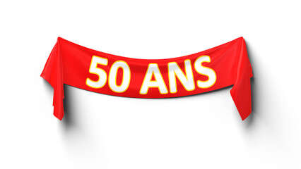 banderole en tissus rouge avec le texte 50 ans pour un anniversaire - rendu 3D sur fond transparent