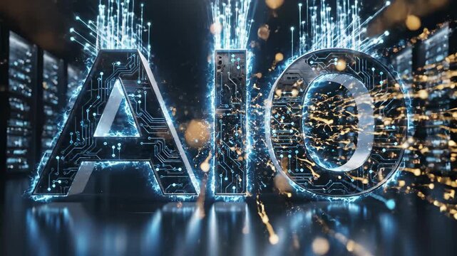 Futuristic AI Circuitry - The video shows the text "AIO" video in a futuristic style, adorned with circuitry patterns and electric blue accents.