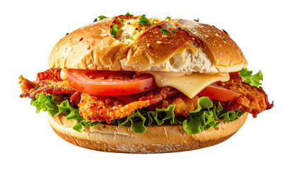 Portuguese Bifana Sandwich with Crispy Fried Pork Lettuce Tomato and Melted Cheese on a Sesame Seed Bun Isolated Transparent Background