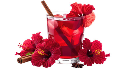 Red Hibiscus Cinnamon Iced Tea Drink With Fresh Flowers and Spices Isolated Transparent Background