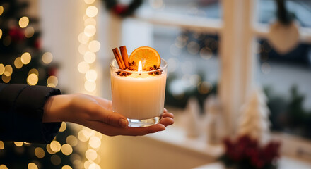 Woman holding candle with cinnamon and orange slice at Christmas  