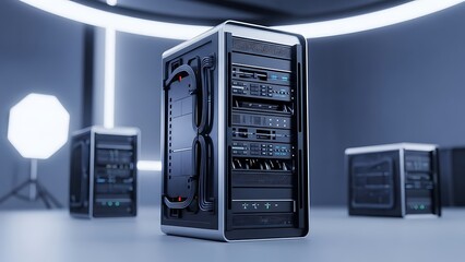 Modern server rack units in a clean, futuristic data center setting with ambient lighting