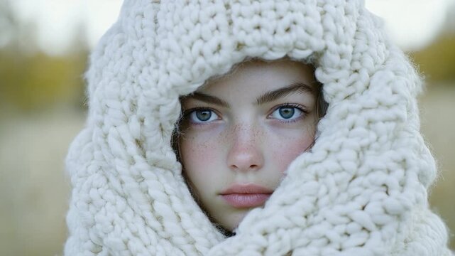 Footage A woman is wrapped up in a white blanket, providing warmth and comfort