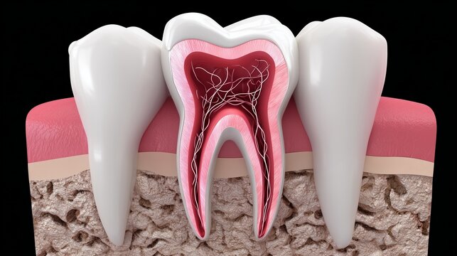 Detailed view of human tooth structure showing enamel, dentin, and pulp chamber
